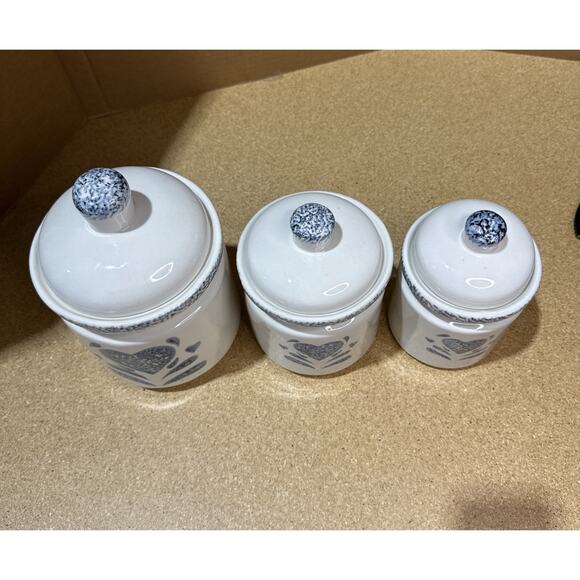 VTG Ceramic Canister Set of 3 – Blue Heart Folk Art Spongeware - Gibson - Picture 2 of 4